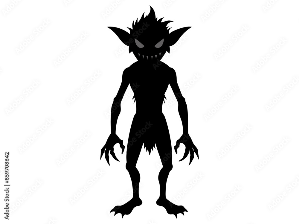 Black silhouette of a goblin isolated on a white background. Concept of Halloween, mythical creature, troll, fantasy character, eerie illustration, design art.