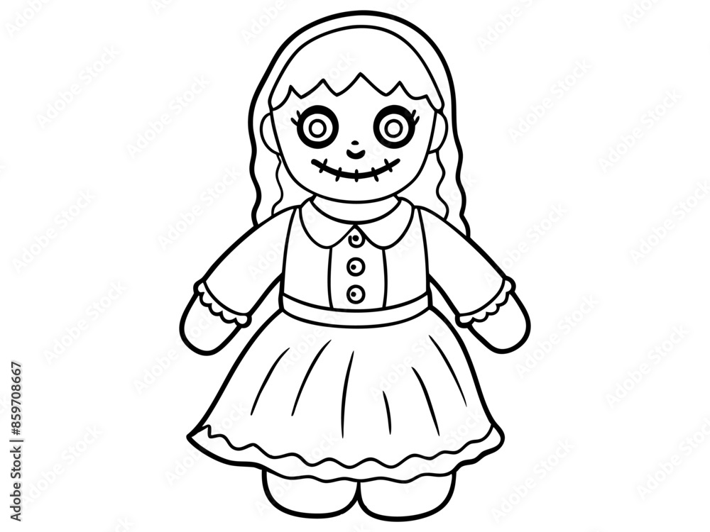 Black outline of a haunted doll with stitched smile and button eyes isolated on white background. Concept of spooky character, Halloween decoration, rag doll, creepy toy, and minimalist illustration. Black outline of a haunted doll with stitched smile and button eyes isolated on white background. Concept of spooky character, Halloween decoration, rag doll, creepy toy, and minimalist illustration.