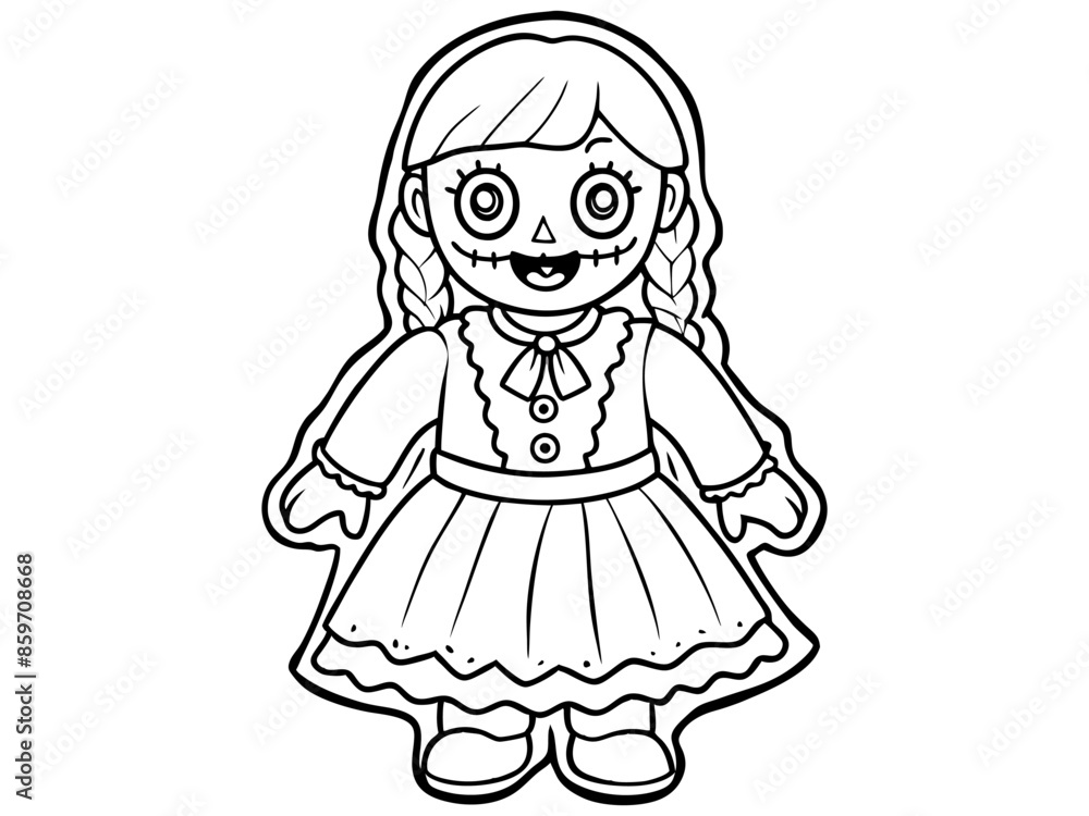 Black outline of a haunted doll with stitched smile and button eyes isolated on white background. Concept of spooky character, Halloween decoration, rag doll, creepy toy, and minimalist illustration. Black outline of a haunted doll with stitched smile and button eyes isolated on white background. Concept of spooky character, Halloween decoration, rag doll, creepy toy, and minimalist illustration.