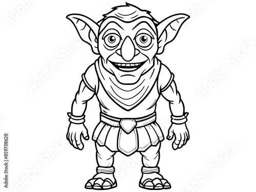 Goblin black outline illustration isolated on white background. Concept of fantasy creature, troll, Halloween, mythical character, cute monster, playful imp, design element, art, print, illustration.