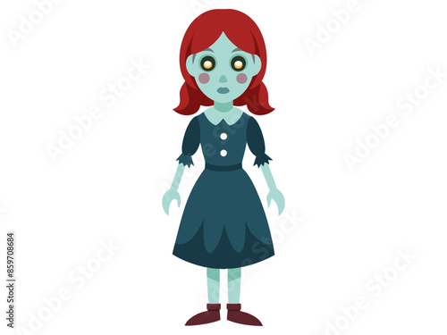 Cartoon scary haunted doll with big eyes in a dress isolated on a white background. Concept of spooky character, Halloween decoration, creepy toy. horror design. Print, icon, design element.