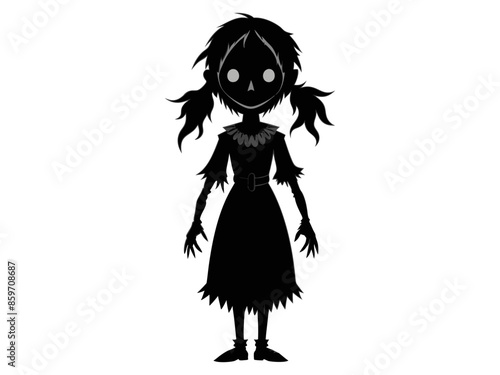 Black silhouette of a scary haunted doll in tattered dress. Concept of spooky character, Halloween decoration, creepy toy, and minimalist illustration. Print, icon, design element.
