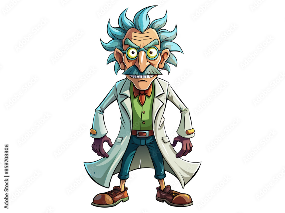 Quirky cartoon mad scientist in a lab coat isolated on white background. Concept of eccentric genius, crazy professor, Halloween character, humorous illustration, comic design element. Quirky cartoon mad scientist in a lab coat isolated on white background. Concept of eccentric genius, crazy professor, Halloween character, humorous illustration, comic design element.