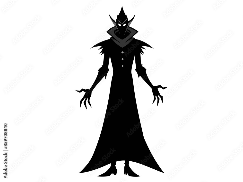 Fototapeta premium Black silhouette of a wizard isolated on a white background. Concept of Halloween, evil sorcerer, magic fantasy character, cast spells, minimalist style, print, icon, design element.