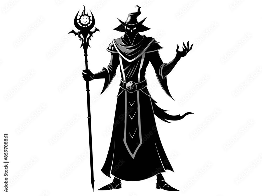 Black silhouette of a wizard isolated on a white background. Concept of Halloween, evil sorcerer, magic fantasy character, cast spells, minimalist style, print, icon, design element. Black silhouette of a wizard isolated on a white background. Concept of Halloween, evil sorcerer, magic fantasy character, cast spells, minimalist style, print, icon, design element.
