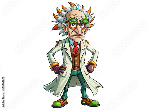 Quirky cartoon mad scientist in a lab coat isolated on white background. Concept of eccentric genius, crazy professor, Halloween character, humorous illustration, comic design element.