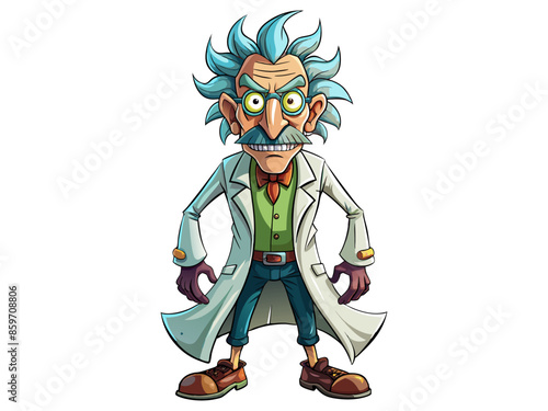 Quirky cartoon mad scientist in a lab coat isolated on white background. Concept of eccentric genius, crazy professor, Halloween character, humorous illustration, comic design element.
