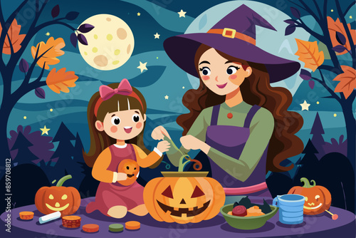 Illustration of a mother and daughter carving pumpkins for Halloween. Concept of family, Halloween, pumpkin carving, and festive fun. Graphic art, print. Postcard