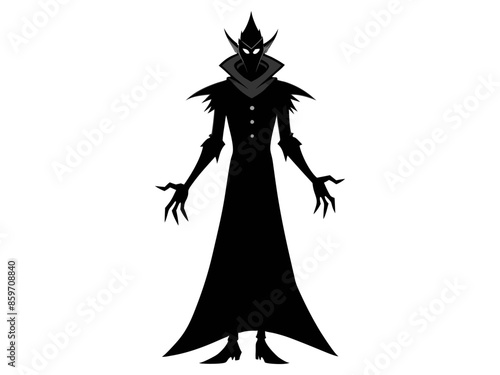 Black silhouette of a wizard isolated on a white background. Concept of Halloween, evil sorcerer, magic fantasy character, cast spells, minimalist style, print, icon, design element.