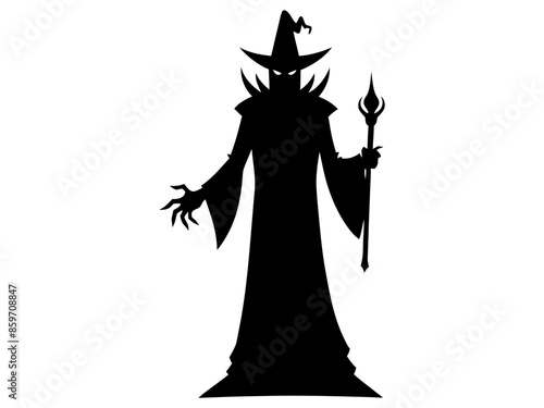 Black silhouette of a wizard isolated on a white background. Concept of Halloween, evil sorcerer, magic fantasy character, cast spells, minimalist style, print, icon, design element.