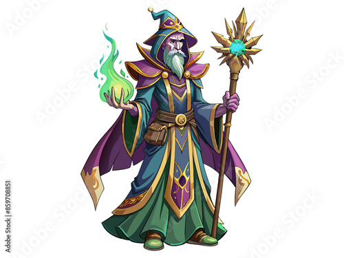 Cartoon wizard illustration isolated on a white background. Concept of fantasy character, magic, mystical figure, medieval sorcerer. Print, icon, design element.