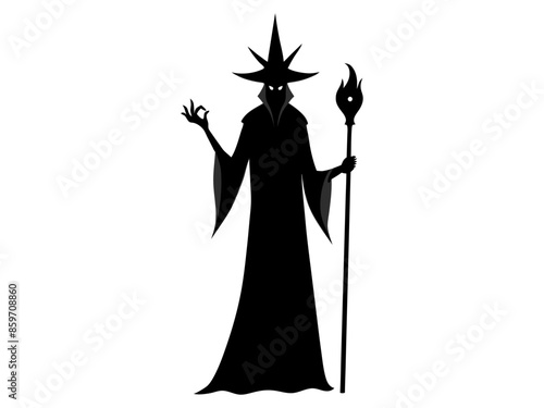 Black silhouette of a wizard isolated on a white background. Concept of Halloween, evil sorcerer, magic fantasy character, cast spells, minimalist style, print, icon, design element.