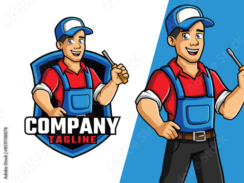 Electrician Cartoon holding Screw Driver Mascot Logo for Your Business