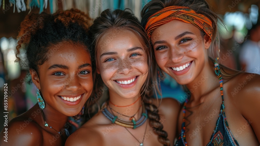 Three women of diverse backgrounds smiling together in colorful, beaded beach attire, showcasing camaraderie and joy, with a vibrant beach hut in the background. Three women of diverse backgrounds smiling together in colorful, beaded beach attire, showcasing camaraderie and joy, with a vibrant beach hut in the background.