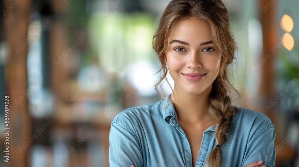 Obraz premium A woman leaning with folded arms, posing casually in a vibrant cafe setting. The background consists of soft, blurred interior elements that add to the calm ambiance.