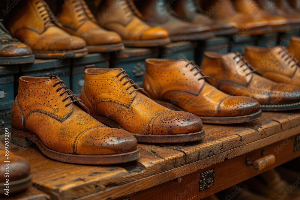 A neatly organized collection of polished brown leather shoes, displayed on a wooden shelf, showcasing fine craftsmanship and attention to detail in an artisanal store. A neatly organized collection of polished brown leather shoes, displayed on a wooden shelf, showcasing fine craftsmanship and attention to detail in an artisanal store.