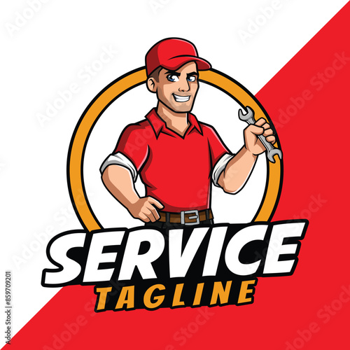 Mechanic Service Cartoon Mascot holding wrench template design