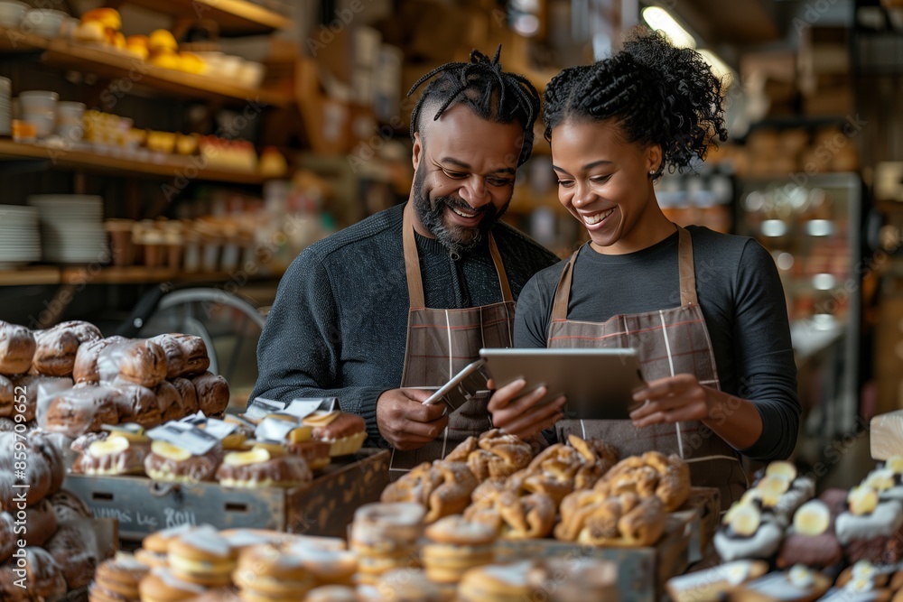 Small Business Owner Introduces New Plan on Tablet to Employee Small Business Owner Introduces New Plan on Tablet to Employee