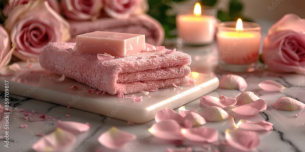 Pink roses, soap, and candles on a marble surface for a spa experience Pink roses, soap, and candles on a marble surface for a spa experience