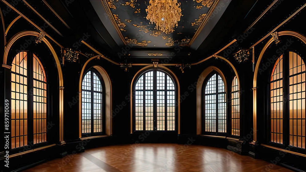 Fototapeta premium Aristocratic background with symmetrical arches and a wall with black and gold panels, beautiful pampas installations of white and black roses,