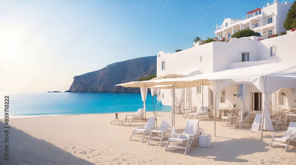 Obraz premium Greek beach hotel located at the water's edge, overlooking the calm sea. Holidays in a seaside resort,