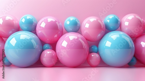 Glossy pastel pink and blue balls artistically arranged in a row set against a monochromatic background, creating a sense of symmetry and visual tranquility from the color contrast. © svastix