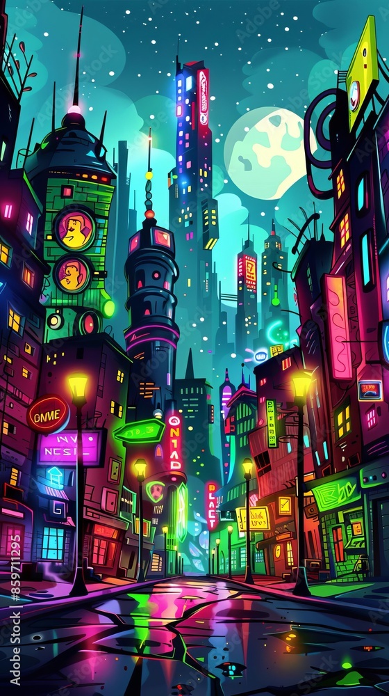 Obraz premium Futuristic skyline with sleek buildings, neon lights, scifi style, digital rendering