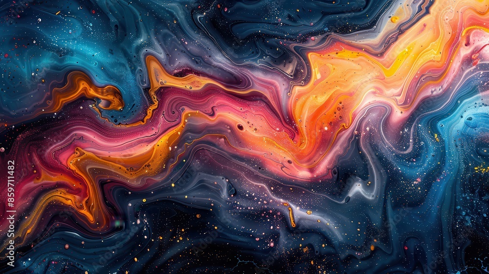 This image depicts abstract cosmic waves blending vibrant colors such as orange and blue, creating a mesmerizing visual experience with fluid patterns and depth. This image depicts abstract cosmic waves blending vibrant colors such as orange and blue, creating a mesmerizing visual experience with fluid patterns and depth.