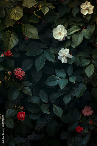 dark background featuring leaves and flowers. empty background except for the floral intricate dreamy background. leaves, ivy, vines, and flowers. Garden of eden concept photography