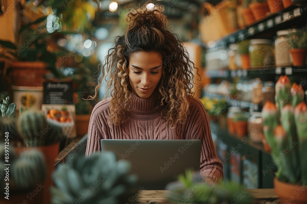 Potted Plant Store: Shop Assistants Working on Laptop Potted Plant Store: Shop Assistants Working on Laptop