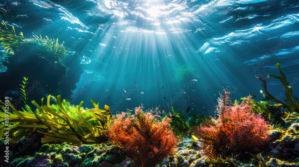 Naklejka premium Sun rays pierce through the ocean waters, illuminating colorful corals and small fish swimming in an underwater paradise.