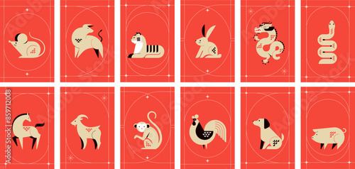 Chinese horoscope zodiac collection, geometric minimalist style. Animals symbols of Chinese New year . Set of mascots: rabbit, dragon, snake, tiger, ox, rat, pig, dog, rooster, monkey, goat, horse