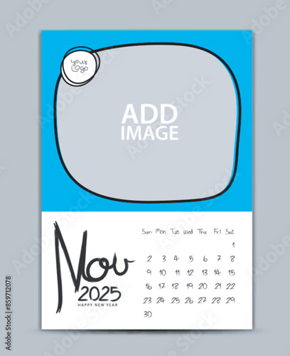 Calendar 2025 year design - November 2025, wall calendar 2025 year, Lettering calendar, Desk calendar template, week starts on sunday, printing, advertiement, blue background, vector photo