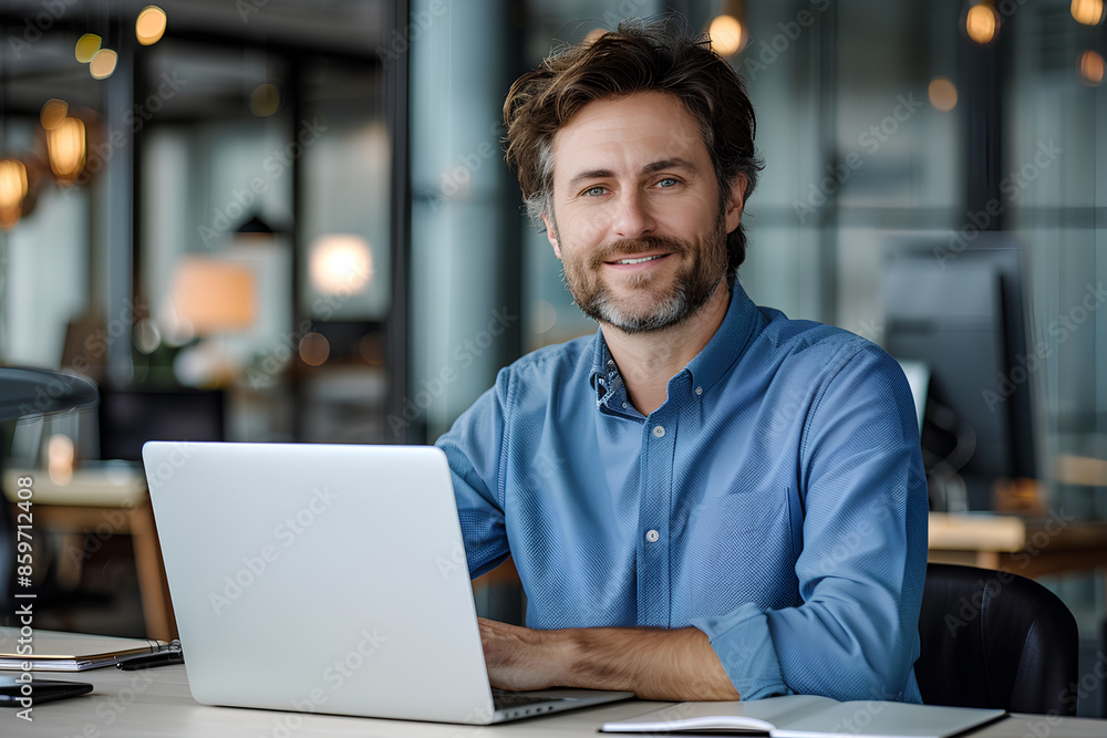 Portrait of a successful and confident young man in a blue shirt sitting in the office at a desk, working on a laptop and smiling at the camera
Portrait of a successful and confident young man in a blue shirt sitting in the office at a desk, working on a laptop and smiling at the camera