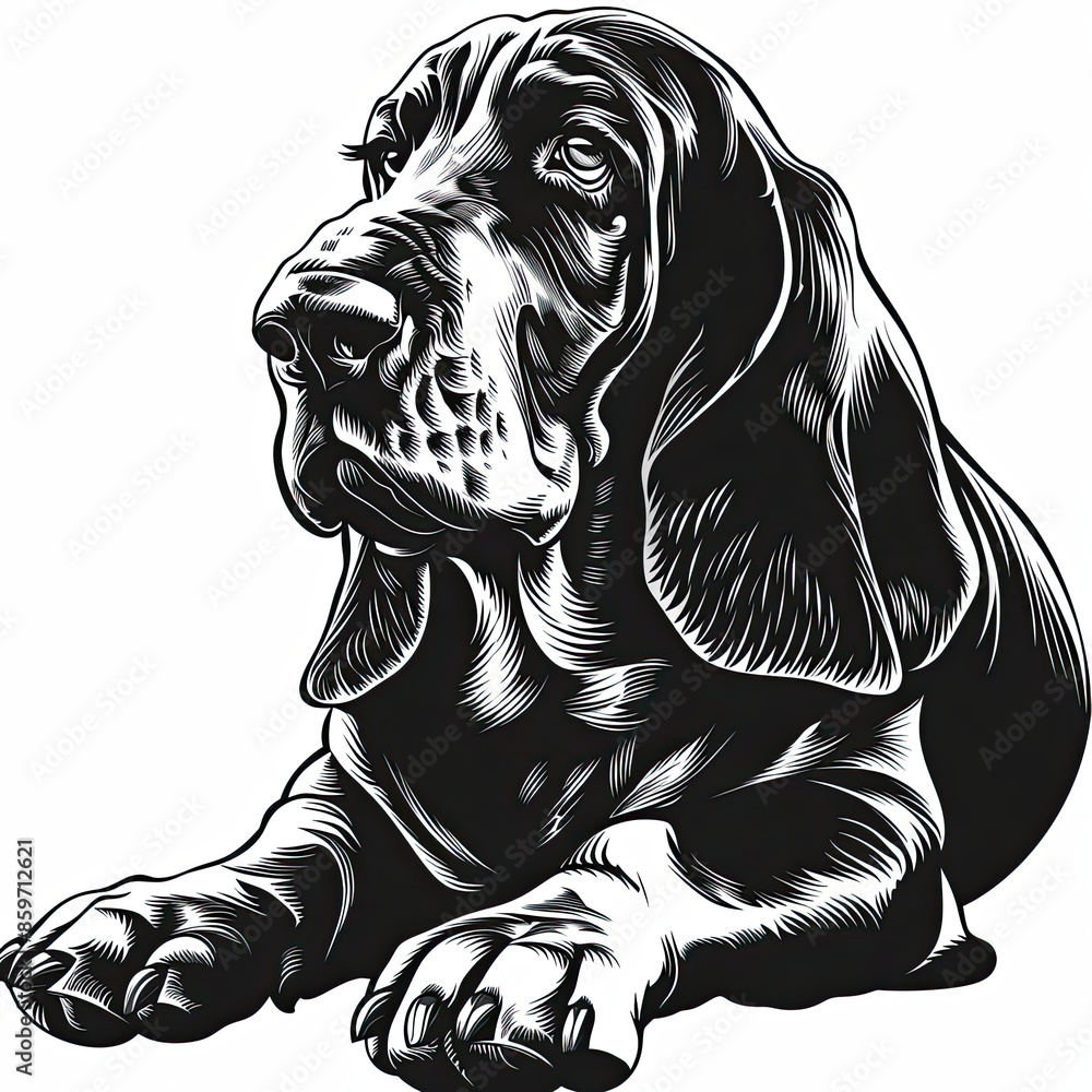 A black and white drawing of a Basset Hound dog A black and white drawing of a Basset Hound dog