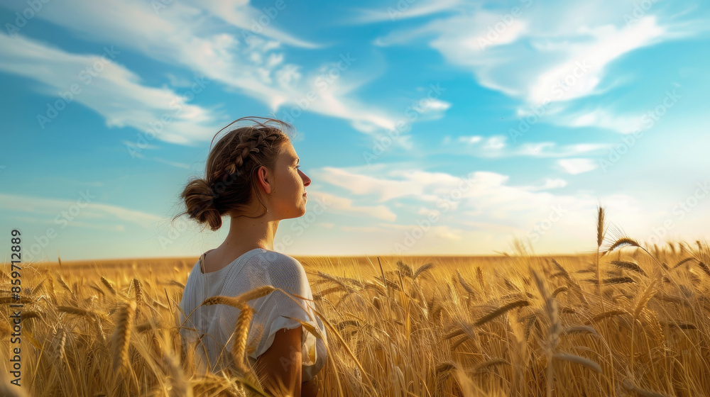 A person with braided hair stands in a golden wheat field under a blue sky with white clouds. They wear a light-colored dress and look into the distance. A person with braided hair stands in a golden wheat field under a blue sky with white clouds. They wear a light-colored dress and look into the distance.