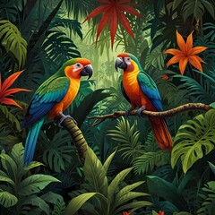 Crédence de cuisine  illustration colorful bird in a jungle with tropical plants.digital art  © sana