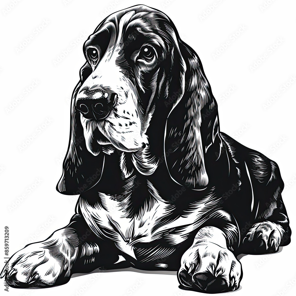 Obraz premium A black and white drawing of a Basset Hound dog