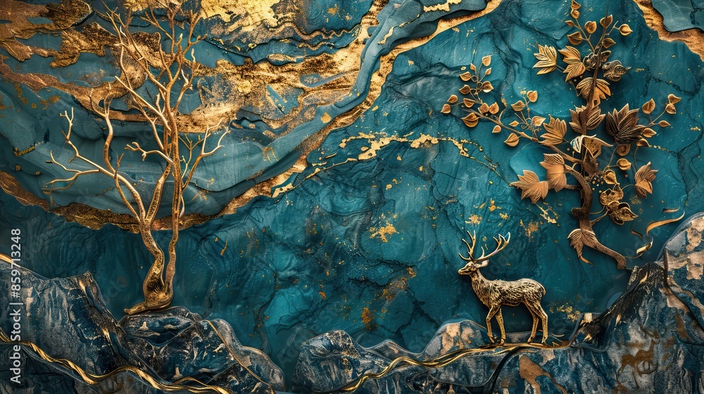 Fototapeta premium Majestic Blue and Gold Abstract Nature Scene. Mural or wallpaper background. High quality AI generated image