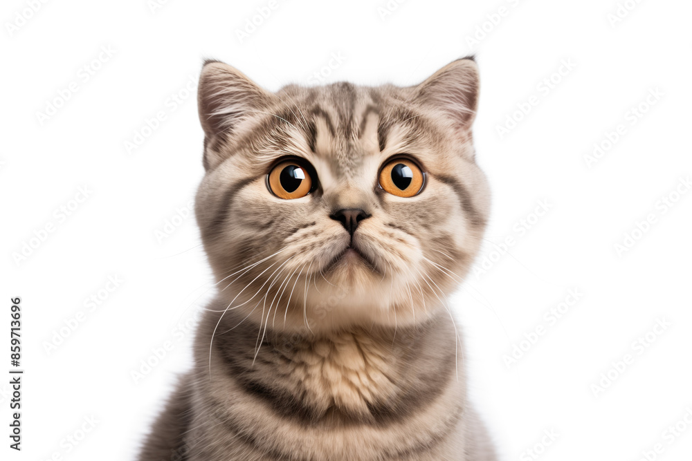 Cute american scottish fold kitty looking at camera. Head close-up portrait of american scottish fold cat. White Isolated background. Generative AI Cute american scottish fold kitty looking at camera. Head close-up portrait of american scottish fold cat. White Isolated background. Generative AI