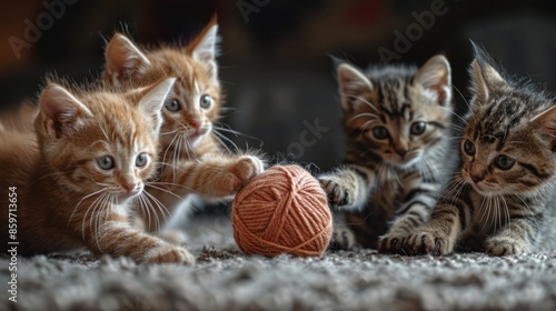 A playful group of kittens batting at a ball of yarn, their paws swiping at it with unrestrained enthusiasm.