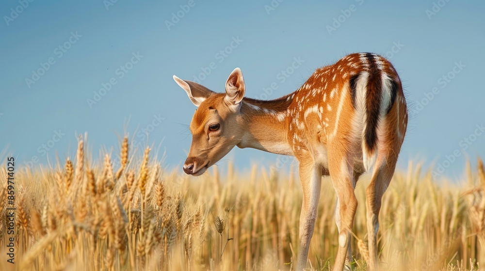 Female fallow deer grazing on wheat in a field during summer Female fallow deer grazing on wheat in a field during summer
