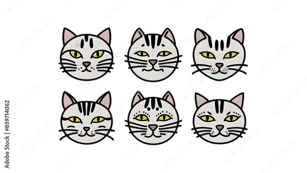 Fototapeta premium Cute Cat Doodle Vector Set - Collection of 6 Adorable, Hand-Drawn Feline Illustrations in Artistic Style
