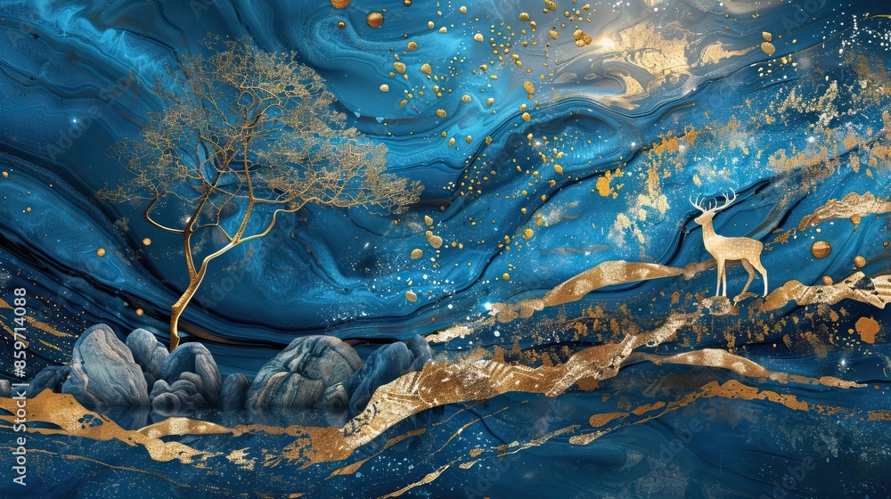 Fototapeta premium Majestic Blue and Gold Abstract Nature Scene. Mural or wallpaper background. High quality AI generated image