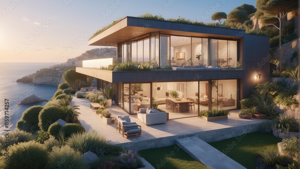 Fototapeta premium Beautiful villa with a soothing garden by the sea