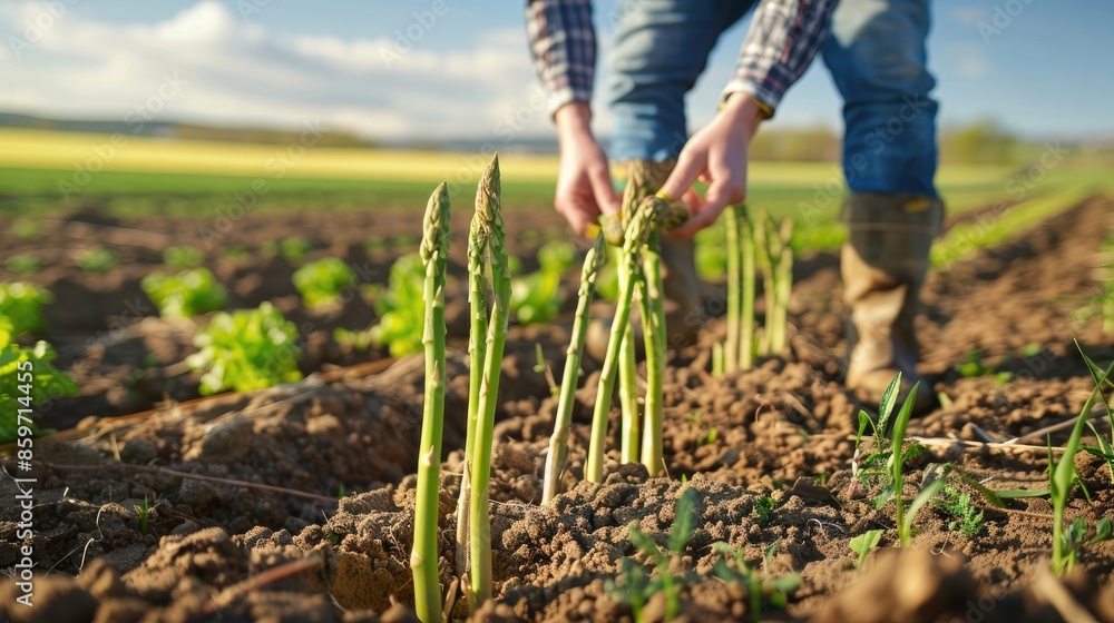 Farmer harvesting young asparagus in field space for text Farmer harvesting young asparagus in field space for text