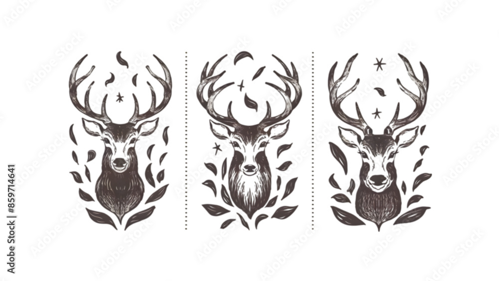 Grunge Line Art Doodle Deer Set - Collection of 3 Artistic, Hand-Drawn Deer Illustrations Grunge Line Art Doodle Deer Set - Collection of 3 Artistic, Hand-Drawn Deer Illustrations