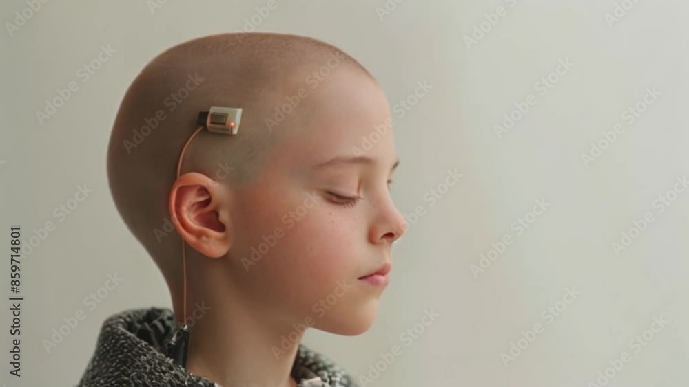 young male child wearing brain microchip innovative technology on head Generative AI young male child wearing brain microchip innovative technology on head Generative AI