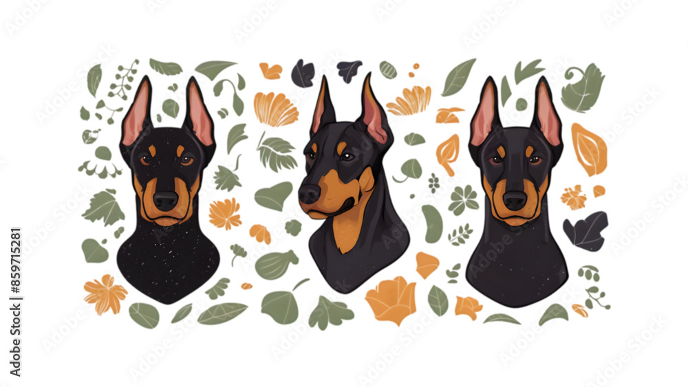 Fototapeta premium Grunge Doberman Portrait Vector Set - Collection of Artistic, Hand-Drawn Dog Illustrations