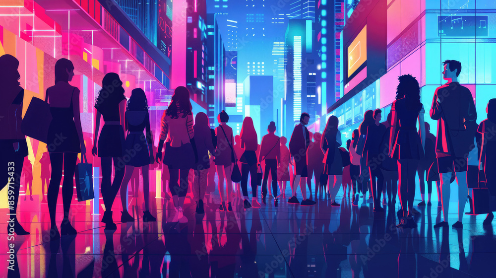 People walk along a brightly lit street in a city. Tall buildings with colorful lights surround the crowded scene at night. People walk along a brightly lit street in a city. Tall buildings with colorful lights surround the crowded scene at night.